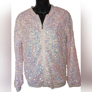 Sequin Bomber Jacket - Pink White Shimmery Size M